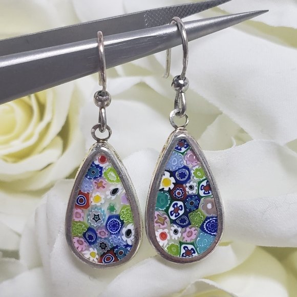 Italian Murano Glass Millefiori Dangle Earrings in 925 Silver - Picture 2 of 3